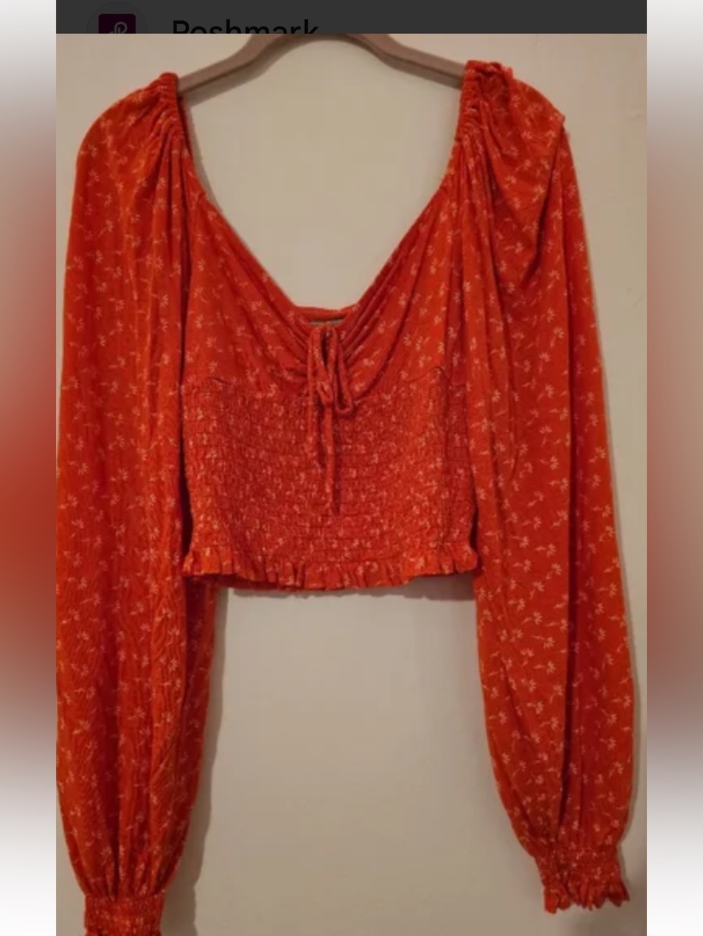 Urban Outfitters Coral-Red Smocked Peasant  Top